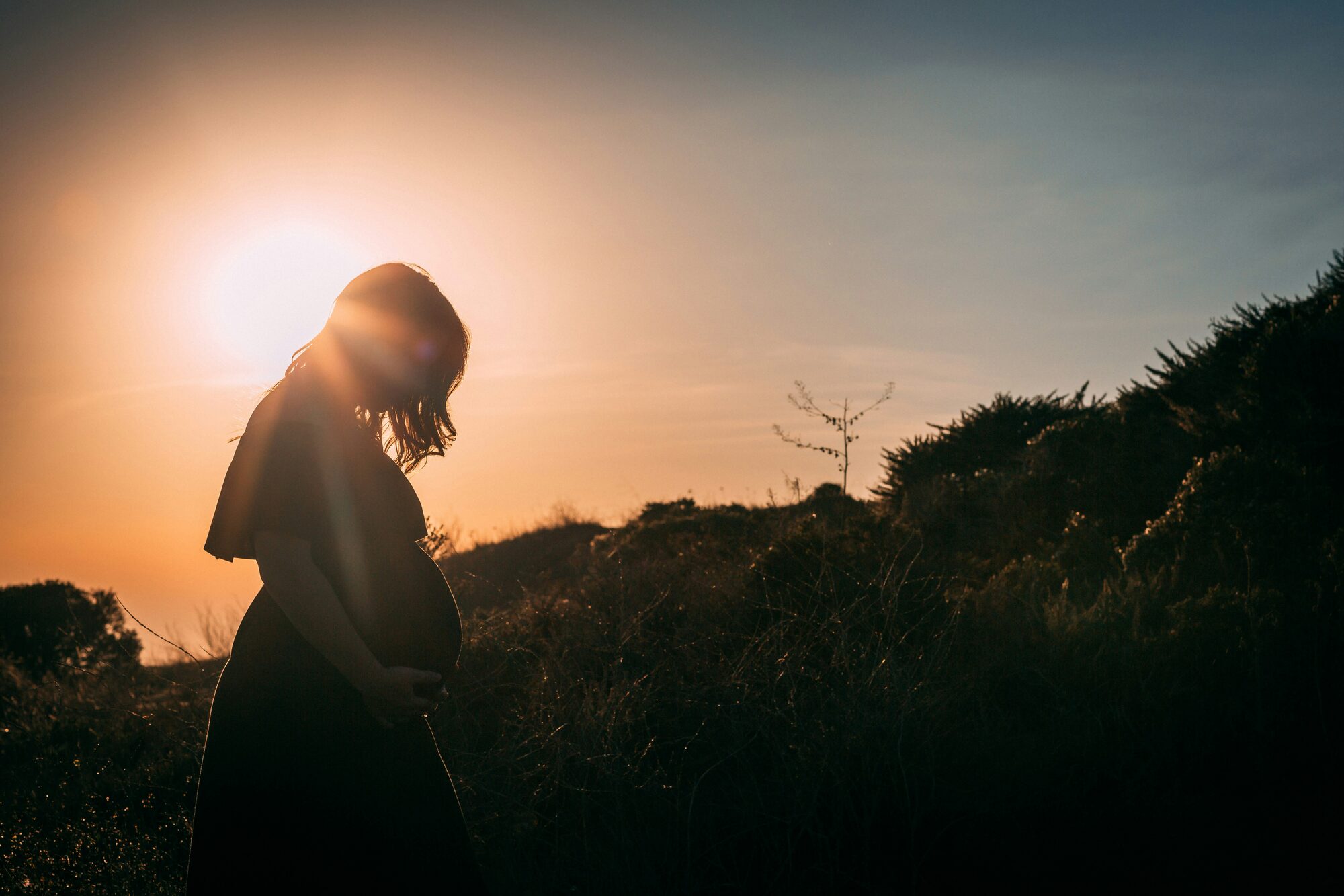 Silhouette of a pregnant woman at sunset